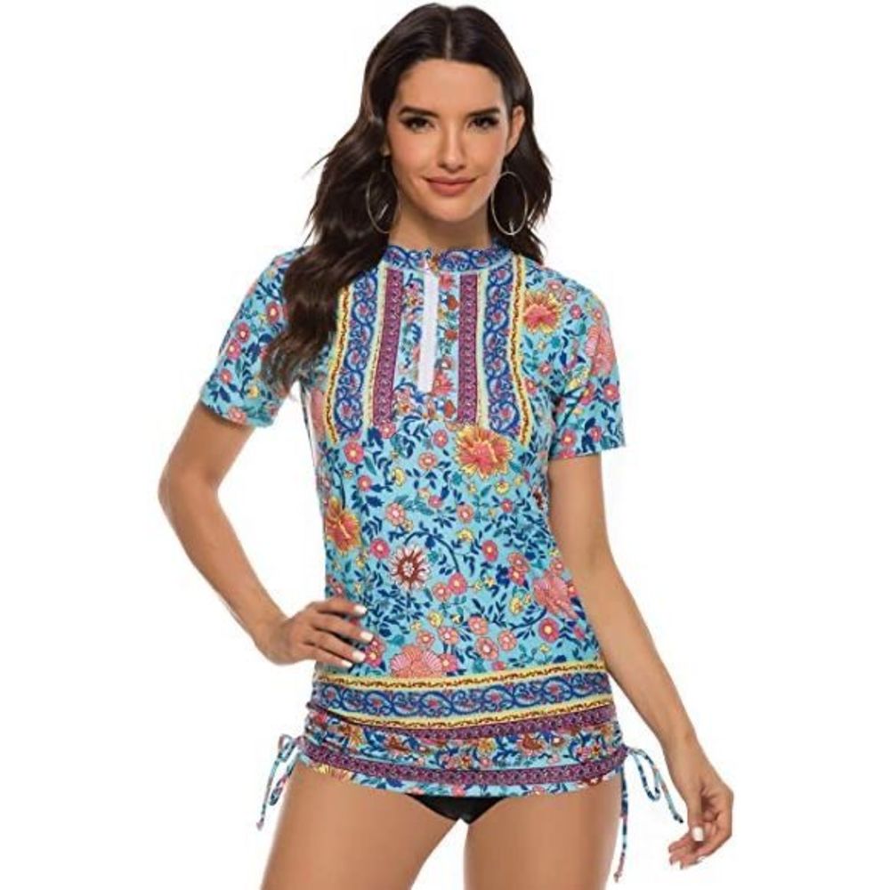 Blue Floral Short-Sleeve Swim Coverup Tunic